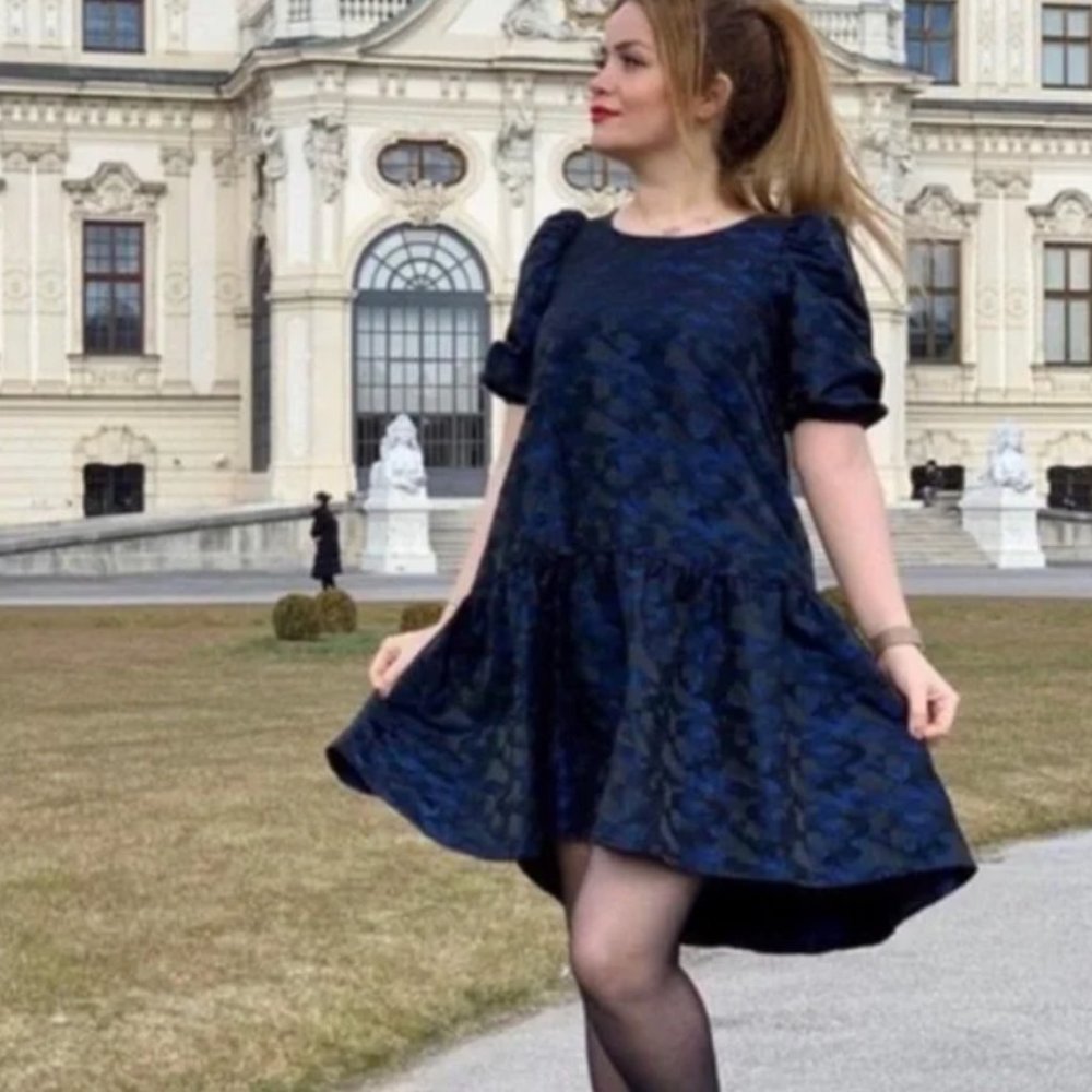 NEW ZARA Voluminous Jacquard Metallic Blue Camo Swing Dress XS
